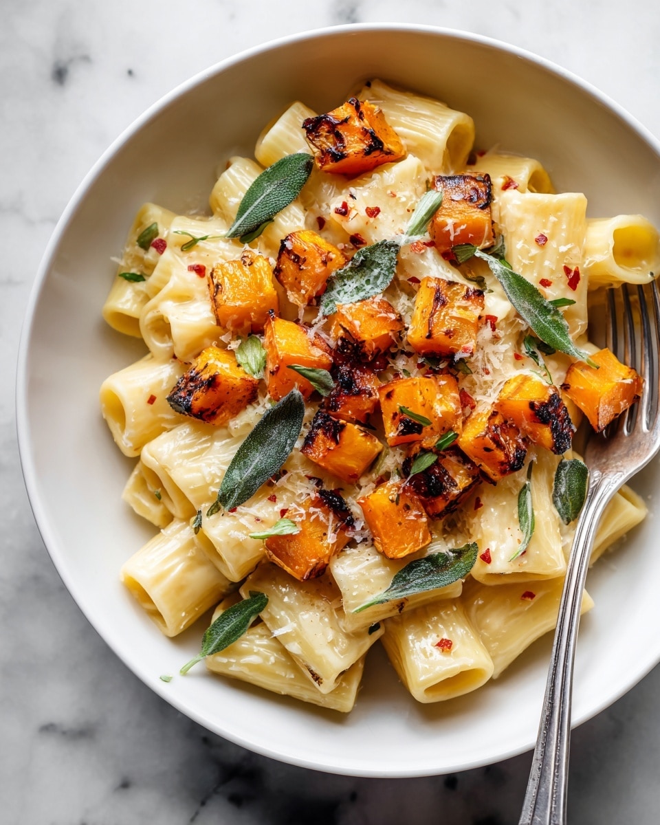 The dish is served in a white bowl with rigatoni pasta coated in a creamy, light yellow sauce forming the base layer, giving a smooth texture and a warm color. On top, there are several pieces of roasted orange butternut squash with charred edges, adding crispy texture and darker orange spots. Scattered over the pasta and squash are small flakes of white cheese and red chili flakes, giving a speckled look. Fresh green sage leaves are placed over the top, providing a touch of vibrant color and layering. A silver fork rests on the right side inside the bowl, and the whole bowl sits on a white marbled texture. photo taken with an iphone --ar 4:5 --v 7