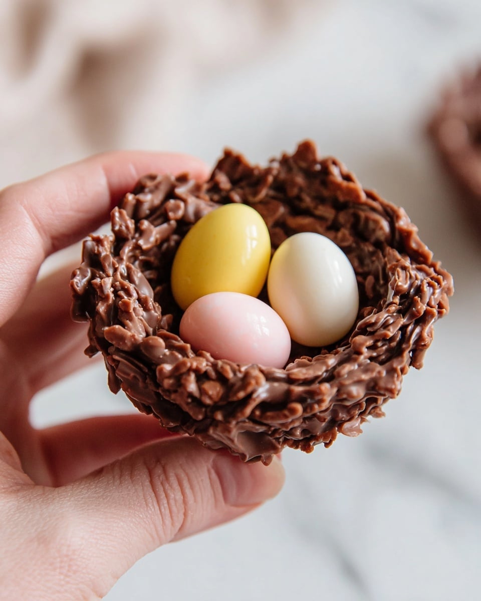 A close-up of a woman's hand holding a small, rough-textured chocolate nest made with melted chocolate and crunchy pieces. Inside the nest, there are three small, smooth candy eggs in yellow, light pink, and white colors. The image background has a soft focus with a white marbled texture. photo taken with an iphone --ar 4:5 --v 7