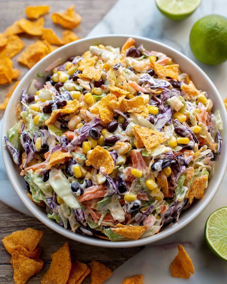 A round white bowl filled with a colorful mixed salad sits on a white marbled surface. The salad has several layers and textures, including shredded white and purple cabbage, orange carrot strips, black beans, yellow corn kernels, small pieces of red and green bell pepper, and crispy orange chip pieces on top. The ingredients are coated in a creamy dressing, which adds a light gloss to the salad. Around the bowl, some orange chips and a halved lime are scattered. The overall look is fresh, vibrant, and crunchy with varied colors and shapes. Photo taken with an iphone --ar 4:5 --v 7