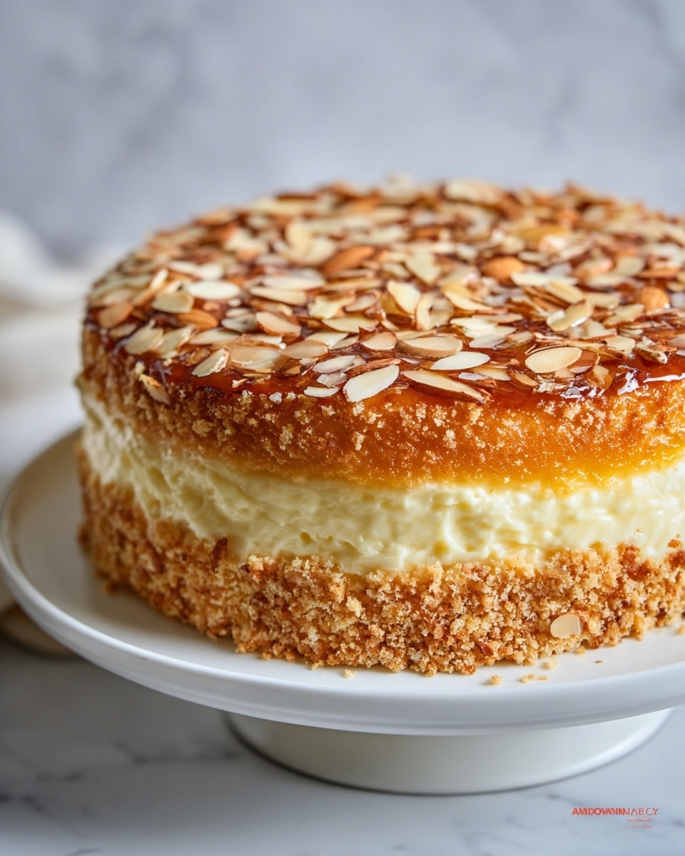 A round cake with two thick layers stands on a white plate against a white marbled texture. The top layer is golden brown and shiny, covered evenly with a mix of whole and sliced almonds. The middle layer is a creamy, pale yellow filling, thick and smooth, sandwiched between the two cake layers. The bottom layer is similar in color to the top but has a crumbly, rough texture on its side. The cake looks moist and rich with a lovely contrast between crunchy almonds and soft cream. photo taken with an iphone --ar 4:5 --v 7