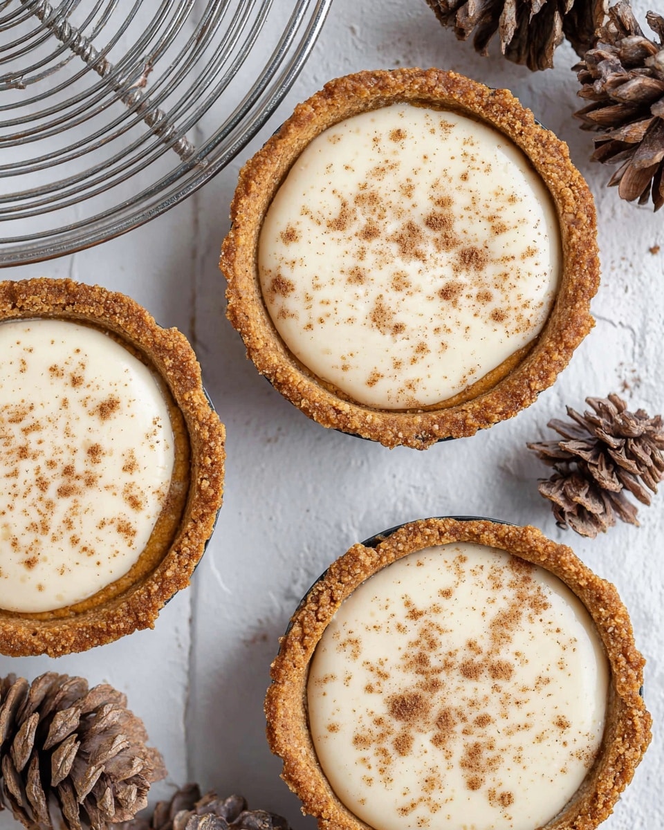 Three pumpkin pie tarts are shown from above, each with one visible layer of creamy, light beige filling sprinkled with small brown spice powder, sitting inside a golden-brown, crumbly crust that is thick and has a slightly rough texture. The tarts are placed directly on a white marbled textured surface with small pine cones scattered around them, along with part of a metal cooling rack in the top left corner. photo taken with an iphone --ar 4:5 --v 7
