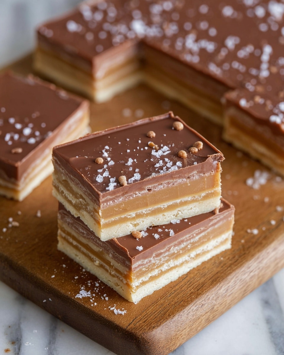 The image shows a close-up of square layered dessert bars on a wooden board placed on a white marbled surface. Each bar consists of five thin light beige cookie layers alternating with four thin caramel-colored layers, topped with a thick, smooth, rich milk chocolate layer decorated with small round chocolate bits and scattered coarse salt flakes. One bar is slightly lifted, showing the clean and even layers clearly. The background bars are cut but still in the board, with the focus on the front bars that have sharp edges and a glossy chocolate top. Photo taken with an iphone --ar 4:5 --v 7
