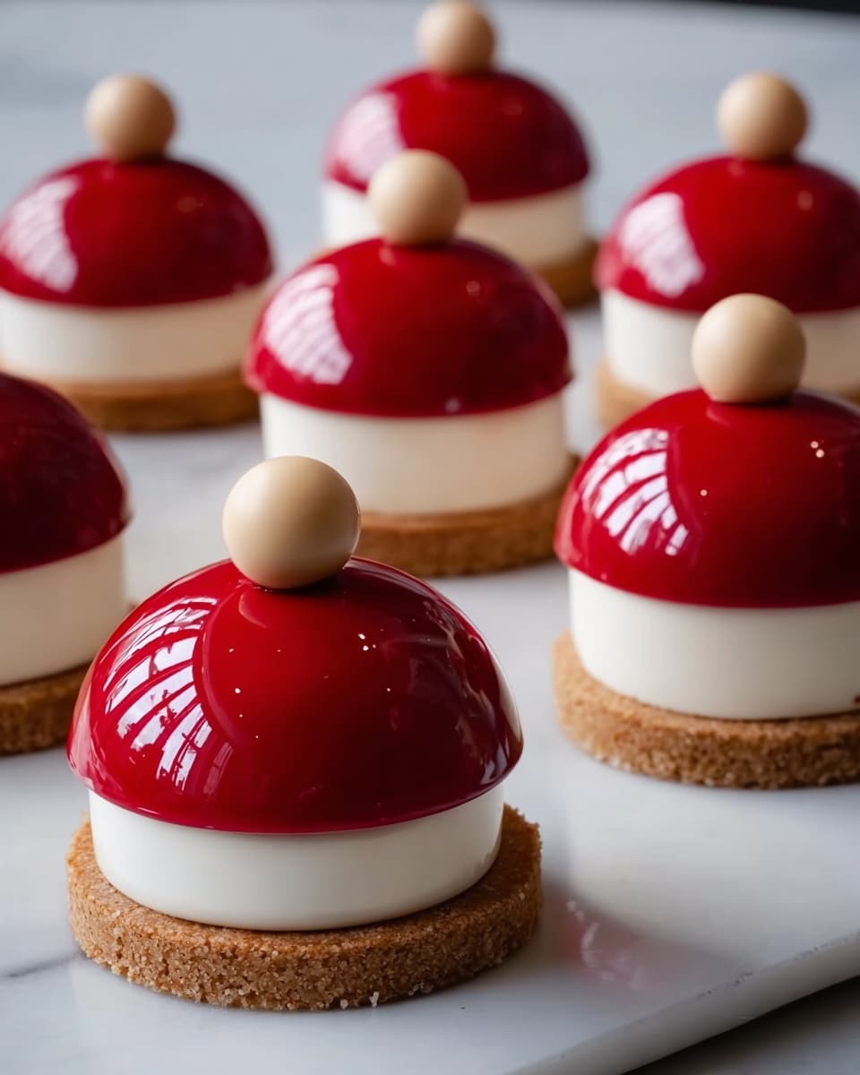 The image shows several small dome-shaped desserts placed on a white marbled surface. Each dessert has three layers: the bottom layer is a thin, light brown cookie or biscuit base, the middle layer is a thick, smooth white cream, and the top layer is a shiny, bright red mirror glaze dome. Each dome is topped with a small round beige ball. The arrangement of the desserts is neat, with even spacing and the red glaze reflecting light clearly. Photo taken with an iphone --ar 4:5 --v 7