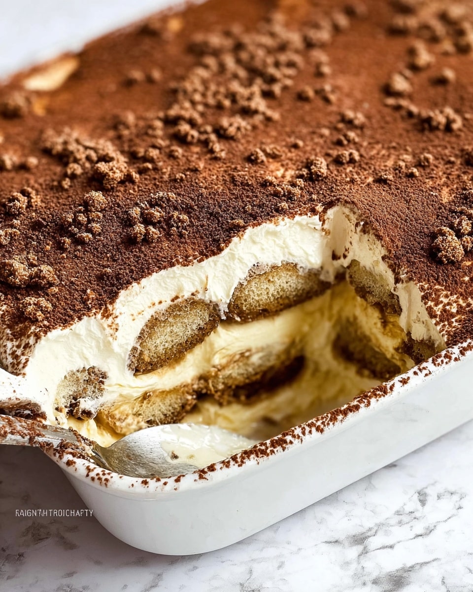 This image shows a close-up of a tiramisu in a white glass dish with a large scoop taken out of one corner. The dessert has three visible layers of creamy pale yellow mascarpone mixture separated by two thinner layers of soaked ladyfingers in a light brown coffee mixture. The top layer is a thick coating of smooth cocoa powder sprinkled with small crumbles, giving a slightly rough texture. The edges of the dish have a light dusting of cocoa powder as well. The background is a white marbled texture. photo taken with an iphone --ar 4:5 --v 7