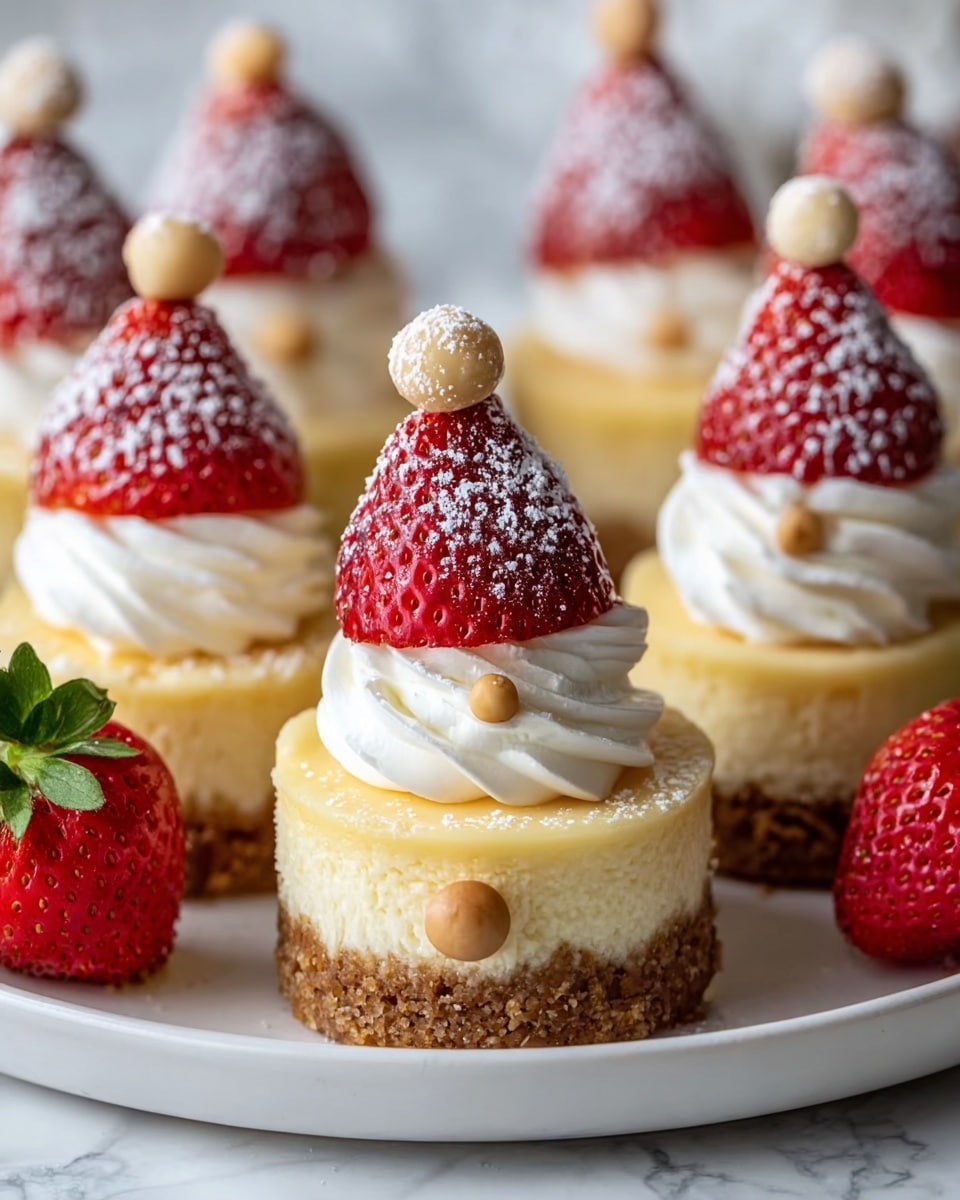 The image shows small cheesecake cupcakes with three layers: the bottom layer is a crumbly brown crust, the middle layer is smooth light yellow cheesecake, and the top layer is a swirl of white whipped cream. Each cupcake is decorated with a whole red strawberry placed upside down like a hat, dusted with powdered sugar. A small round beige candy or nut is placed at the front under the strawberry to look like a nose. The cupcakes are arranged on a white plate, with a couple of whole red strawberries on the plate’s edge. The background is a white marbled texture with soft lighting. Photo taken with an iphone --ar 4:5 --v 7
