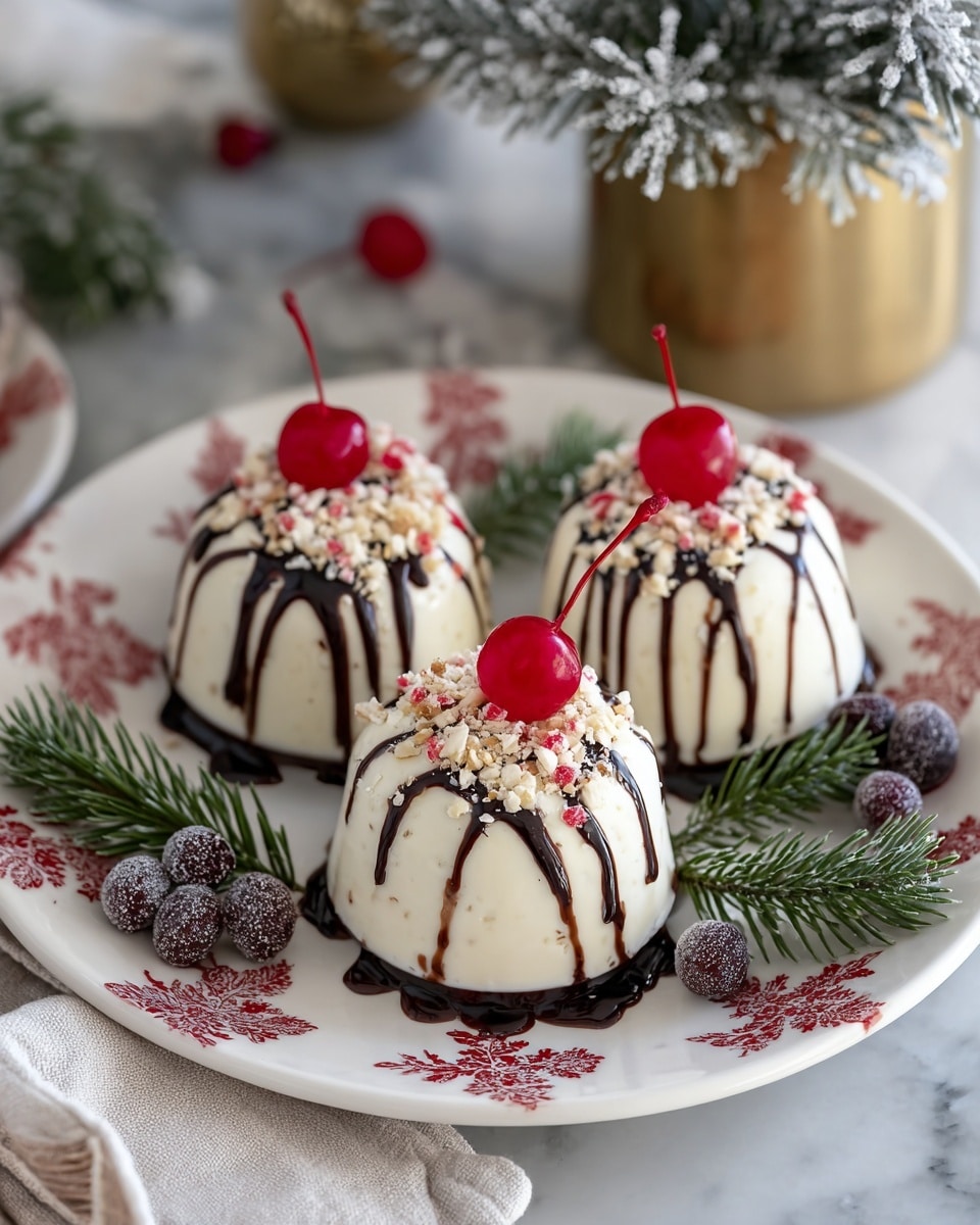 The image shows four small, round white cakes on a white plate with a red leaf pattern around the edge. Each cake has a smooth white outer layer, a dark chocolate base, and is decorated with a drizzle of dark chocolate forming a zigzag pattern on top. The tops of the cakes are sprinkled with small red and white bits and crushed nuts, with a bright red cherry placed in the center of each. Around the cakes on the plate are green pine sprigs and dark berries dusted with powdered sugar. The plate is set on a white marbled surface with a soft cloth nearby, and there is a blurred background featuring a gold pot with snowy pine branches. Photo taken with an iphone --ar 4:5 --v 7