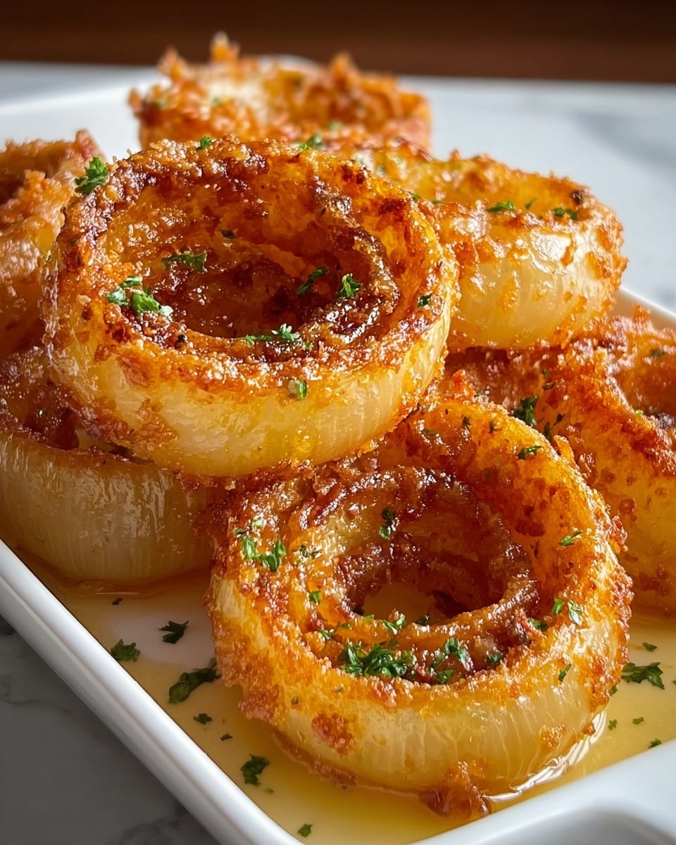 The image shows several thick onion rings, each with two to three layers, fried to a golden brown with a crispy, textured outer crust, and positioned standing upright inside a white rectangular dish. The rings have a shiny, slightly oily surface, with some darker brown crispy edges and a soft translucent light yellow interior. Small bits of green herbs are sprinkled over the rings and the light oil pool at the base of the dish. The dish is set against a white marbled surface. photo taken with an iphone --ar 4:5 --v 7