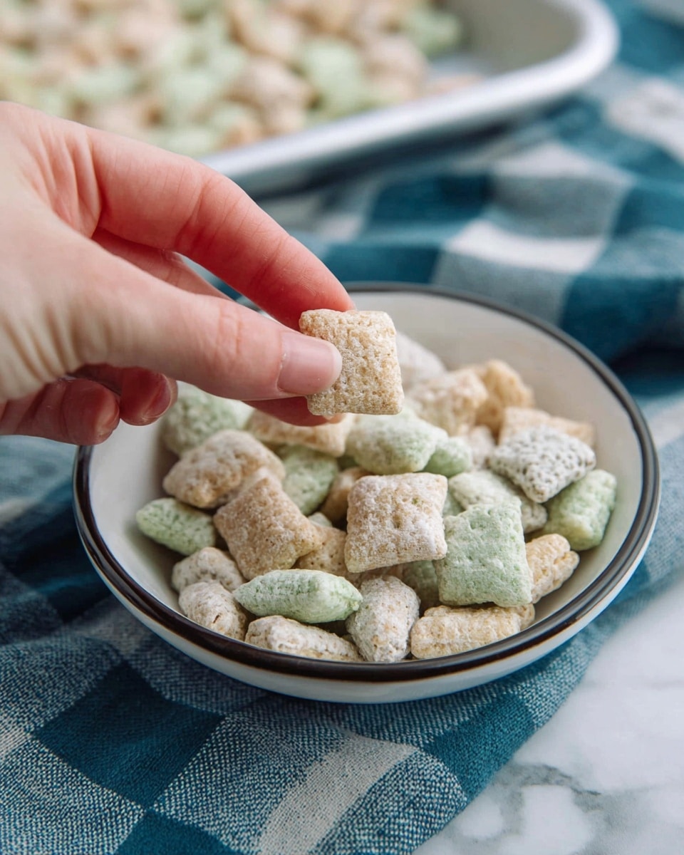 A close-up view shows a woman's hand picking up a small square piece of cereal from a white bowl with a dark rim, filled with multiple pieces of cereal that are light beige and pale green with a powdery coating. The bowl sits on a white marbled surface covered by a cloth with a blue and white checkered pattern, and part of a tray with more cereal is visible in the background. photo taken with an iphone --ar 4:5 --v 7