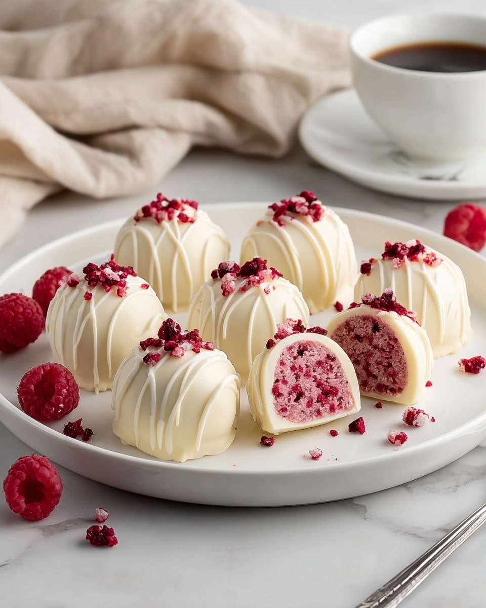 The image shows eight small round truffles on a white plate, each covered in smooth, shiny white chocolate with thin white chocolate drizzle lines on top. Each truffle is topped with small red berry pieces and white flakes. Two truffles are cut open, revealing a soft, moist, red and pink textured filling inside. There are a few loose red berry pieces scattered on the plate and a few fresh raspberries next to it. The plate is placed on a white marbled surface with a fork to the right and a white cup and saucer in the background. A beige cloth is draped nearby. Photo taken with an iphone --ar 4:5 --v 7