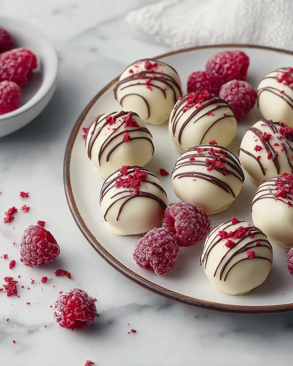 A white plate with a brown rim holds a collection of round white chocolate-covered balls, each decorated with thin, wavy dark chocolate lines and small red pieces on top. Among them are several bright red raspberries dusted lightly with frost, with their textured surface visible. The plate and treats are set on a white marbled surface. Scattered around the plate are tiny red crumbs and a few whole raspberries, adding pops of color to the scene. photo taken with an iphone --ar 4:5 --v 7