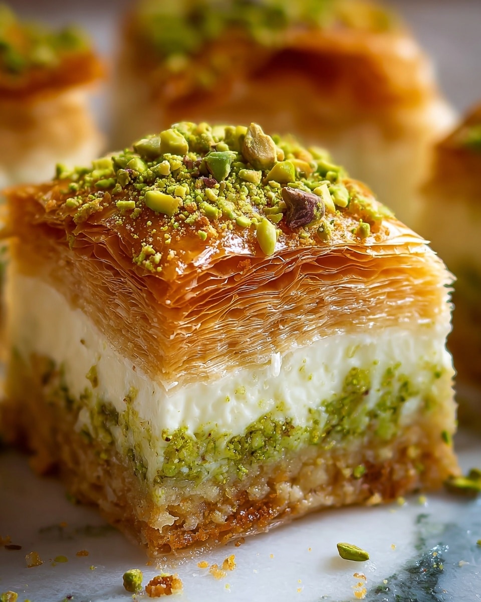 A close-up of a slice of layered dessert on a white plate with a white marbled texture underneath. The bottom layer is a crumbly brown crust. Above it is a green pistachio nut layer with a roughly chopped texture. The middle layer is thick and creamy with a smooth pale yellow color. The top layer is thin and golden brown with a shiny, flaky texture. There are whole and chopped pistachios sprinkled on top. A golden syrup is being poured over the top, creating a glossy effect that drips slightly down the side. Photo taken with an iphone --ar 4:5 --v 7