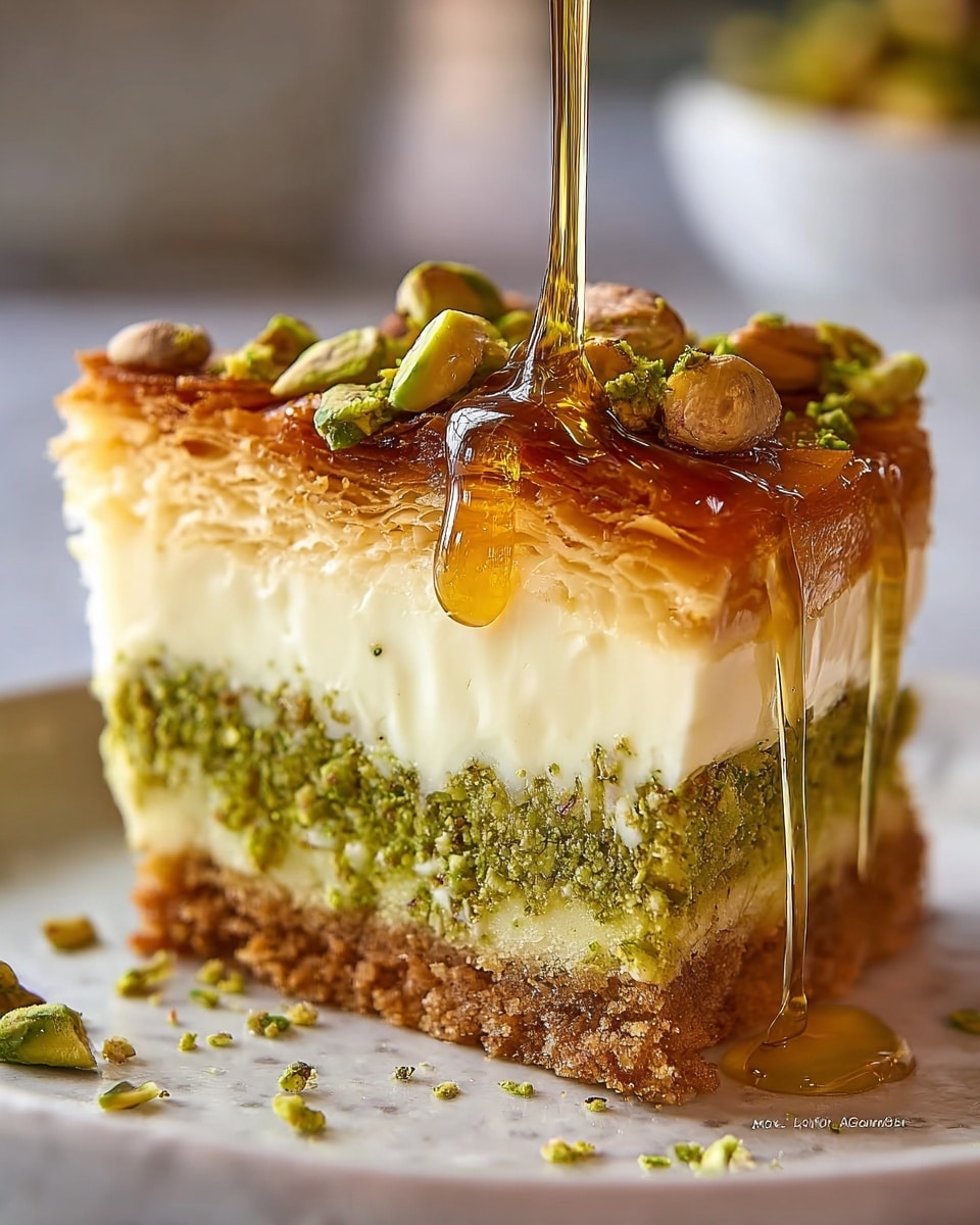 A close-up view of a single slice of a layered dessert shows three main layers: the bottom layer is crumbly and golden brown, the middle layer is thick and creamy white with green pistachio crumbs sprinkled into and just above it, and the top layer is a shiny, golden, flaky pastry with many thin sheets visible. The top is covered with small green pistachio pieces. The slice is on a white marbled surface with other similar slices partly visible around it. photo taken with an iphone --ar 4:5 --v 7