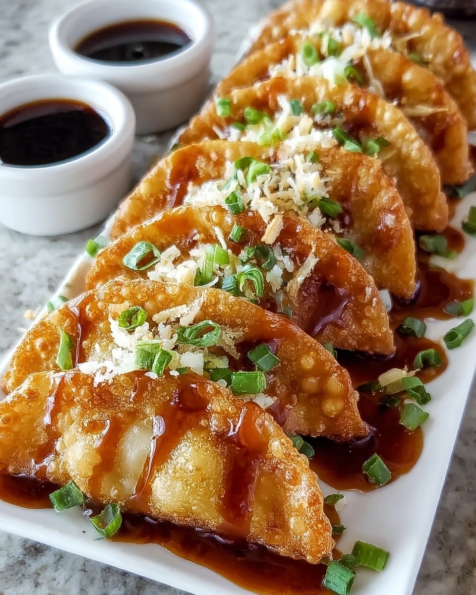 A white rectangular plate holds a row of golden-brown fried dumplings arranged closely in a slightly curved line. Each dumpling has a crispy, bubbly texture on the outside and is drizzled with a thick, shiny brown sauce that pools slightly on the plate. On top of the dumplings are small, finely chopped green onions scattered evenly, along with some white shredded cheese or garlic bits adding an extra layer. To the left side of the plate, there's a small white round dipping bowl filled with dark sauce. The whole setup rests on a white marbled textured surface. photo taken with an iphone --ar 4:5 --v 7