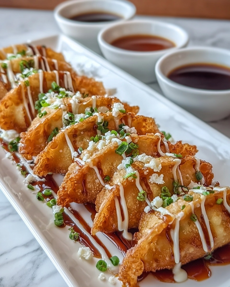 A white rectangular plate holds six golden-brown fried dumplings lined up neatly in a row. Each dumpling is drizzled with two sauces: one creamy white in thin lines and one dark brown in thicker lines, both glistening on the crispy surface. The dumplings are sprinkled with finely chopped green onions and small white crumbs, adding color contrast to the warm golden texture. In the background, three small white bowls filled with different dipping sauces are slightly out of focus. The setting is on a white marbled surface, creating a clean and bright feel. photo taken with an iphone --ar 4:5 --v 7