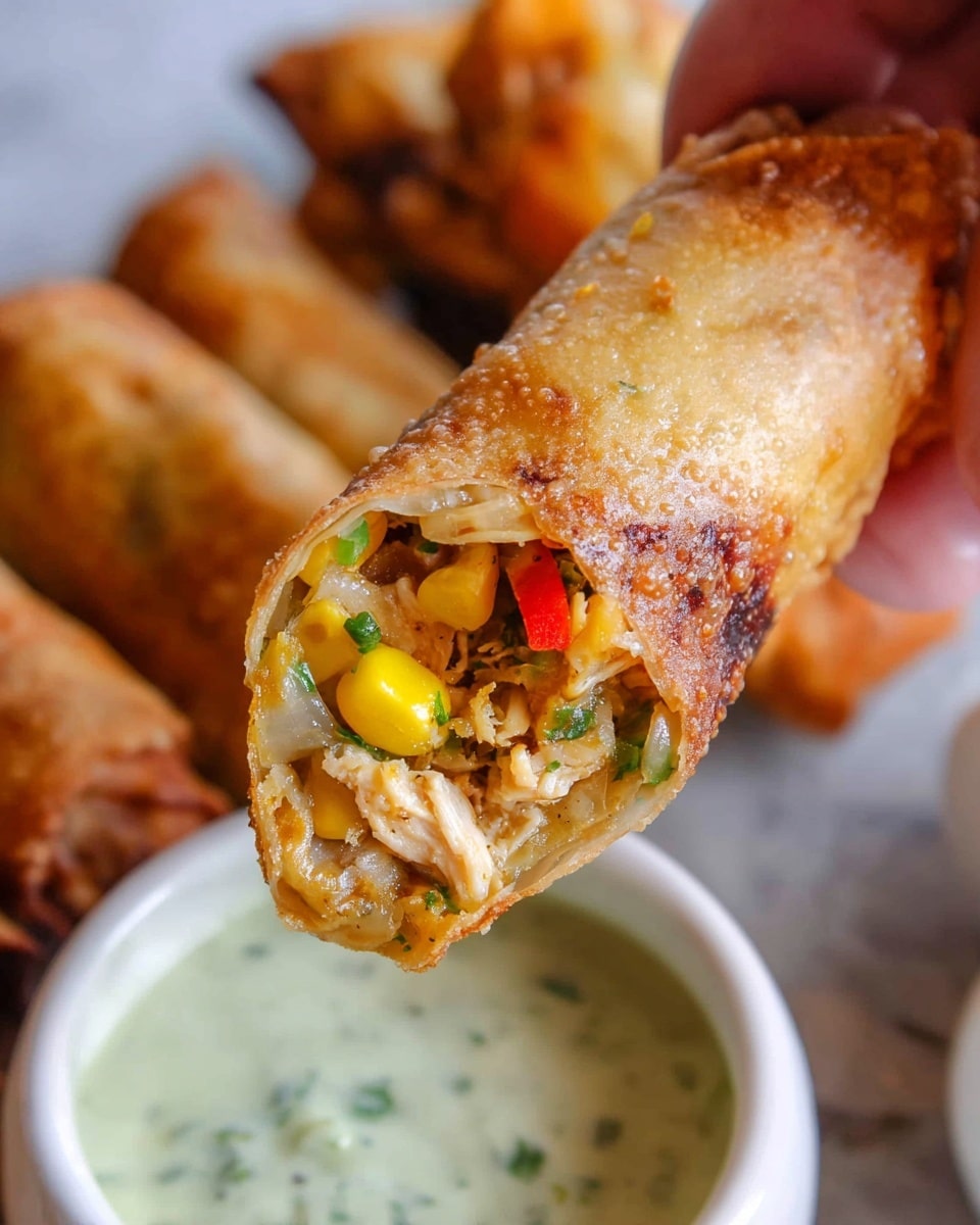 A close-up of a crispy, golden-brown spring roll held by a woman's hand, showing its cross-section filled with three visible layers: the first is shredded, light brown cooked chicken mixed with small green herbs, the second layer includes bright yellow corn kernels, and the third layer has small pieces of red pepper and translucent cooked onions. Below the spring roll is a white bowl filled with creamy, light green dipping sauce speckled with herbs, all set on a white marbled surface. In the background, more golden spring rolls are slightly out of focus. photo taken with an iphone --ar 4:5 --v 7