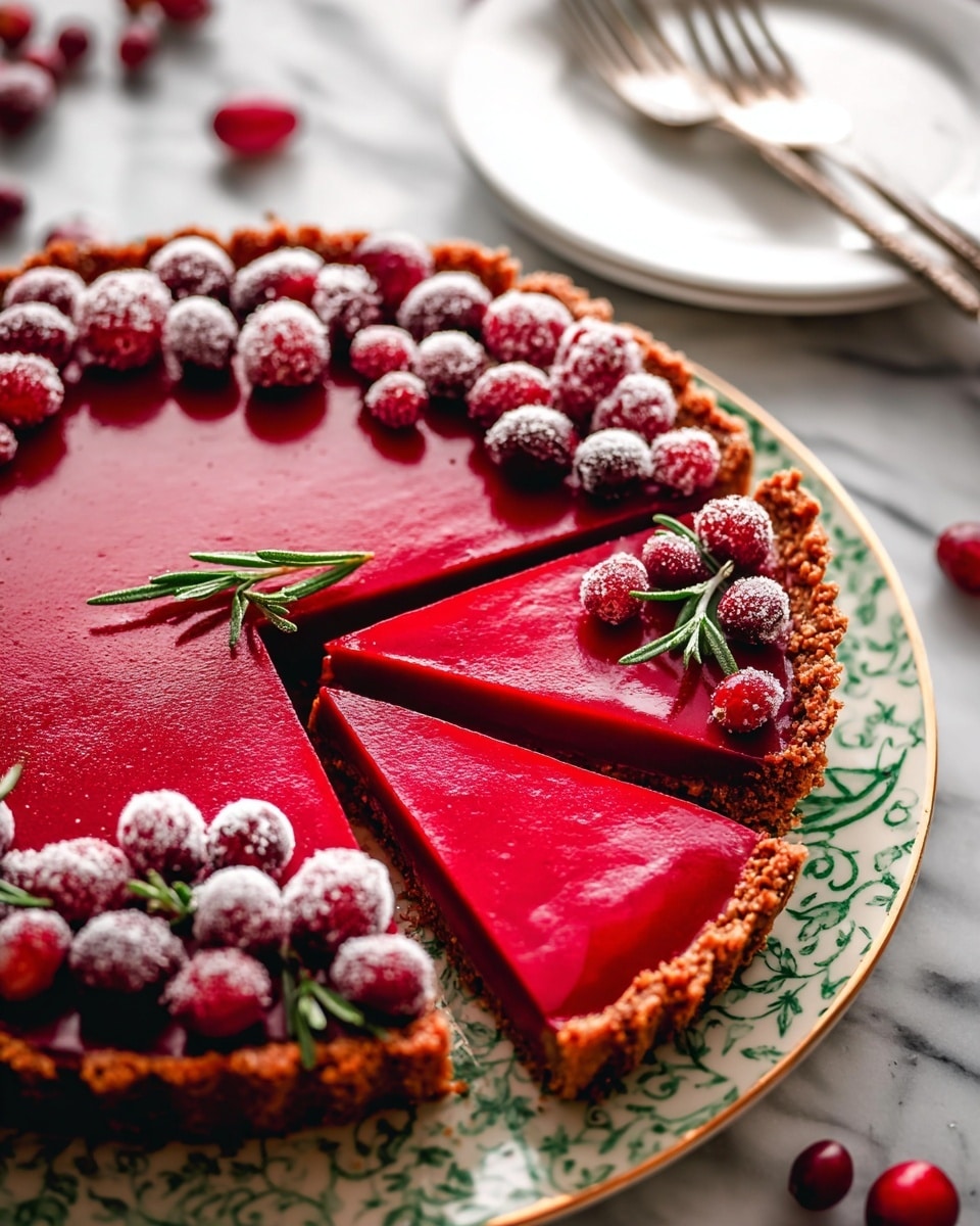 The image shows a vibrant red tart with a crumbly brown crust, placed on a white plate with green and gold details. The tart is cut into several slices, with a smooth, glossy red filling layer on top. Around the edge of the tart, there are fresh and sugared cranberries along with sprigs of green rosemary, adding contrast in color and texture. Scattered cranberries and rosemary sprigs can be seen on the white marbled surface near the tart. In the background, a white plate with an empty fork rests on the same white marbled texture. Photo taken with an iphone --ar 4:5 --v 7