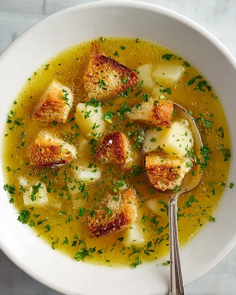 A white bowl filled with a clear yellow broth soup containing chunks of tender white potatoes spread evenly throughout. On top, there are five toasted golden-brown croutons with a rough texture, scattered with green parsley leaves finely chopped and sprinkled richly across the surface. A silver spoon rests on the right side, lifting one piece of potato and a crouton, partially immersed in the soup. The background is a white marbled texture. photo taken with an iphone --ar 4:5 --v 7