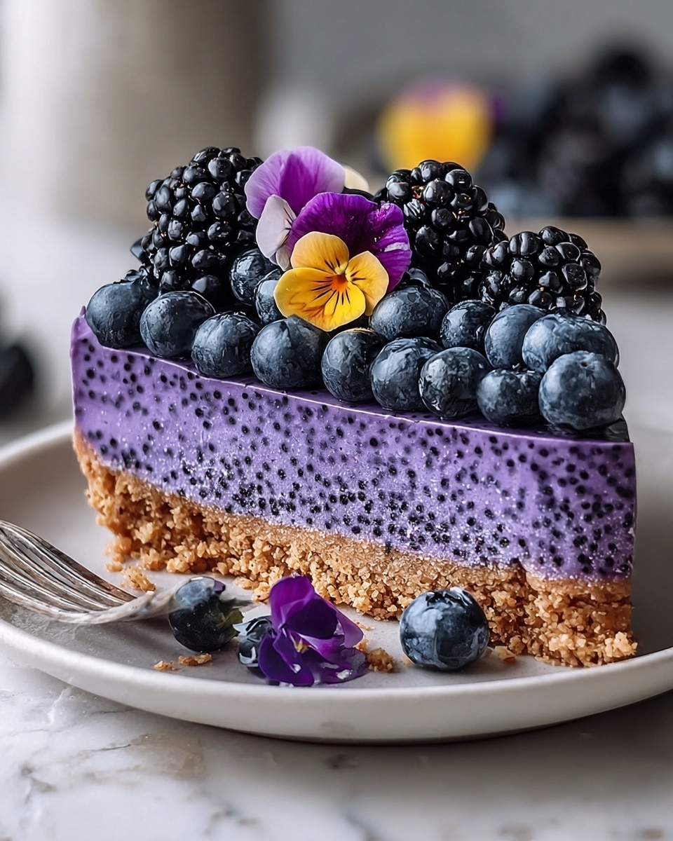 A slice of cake with two visible layers sits on a white plate over a white marbled textured surface. The bottom layer is light brown and crumbly, resembling a crunchy crust. The top layer is thick and smooth with a rich purple color featuring small black seeds evenly spread throughout. On top of the cake layer, there is a pile of fresh dark blue blueberries and blackberries, with a few bright yellow and purple edible flowers placed among the berries. Some berries and flowers also rest on the plate near the cake, with a silver fork partially visible at the edge of the image. Photo taken with an iphone --ar 4:5 --v 7