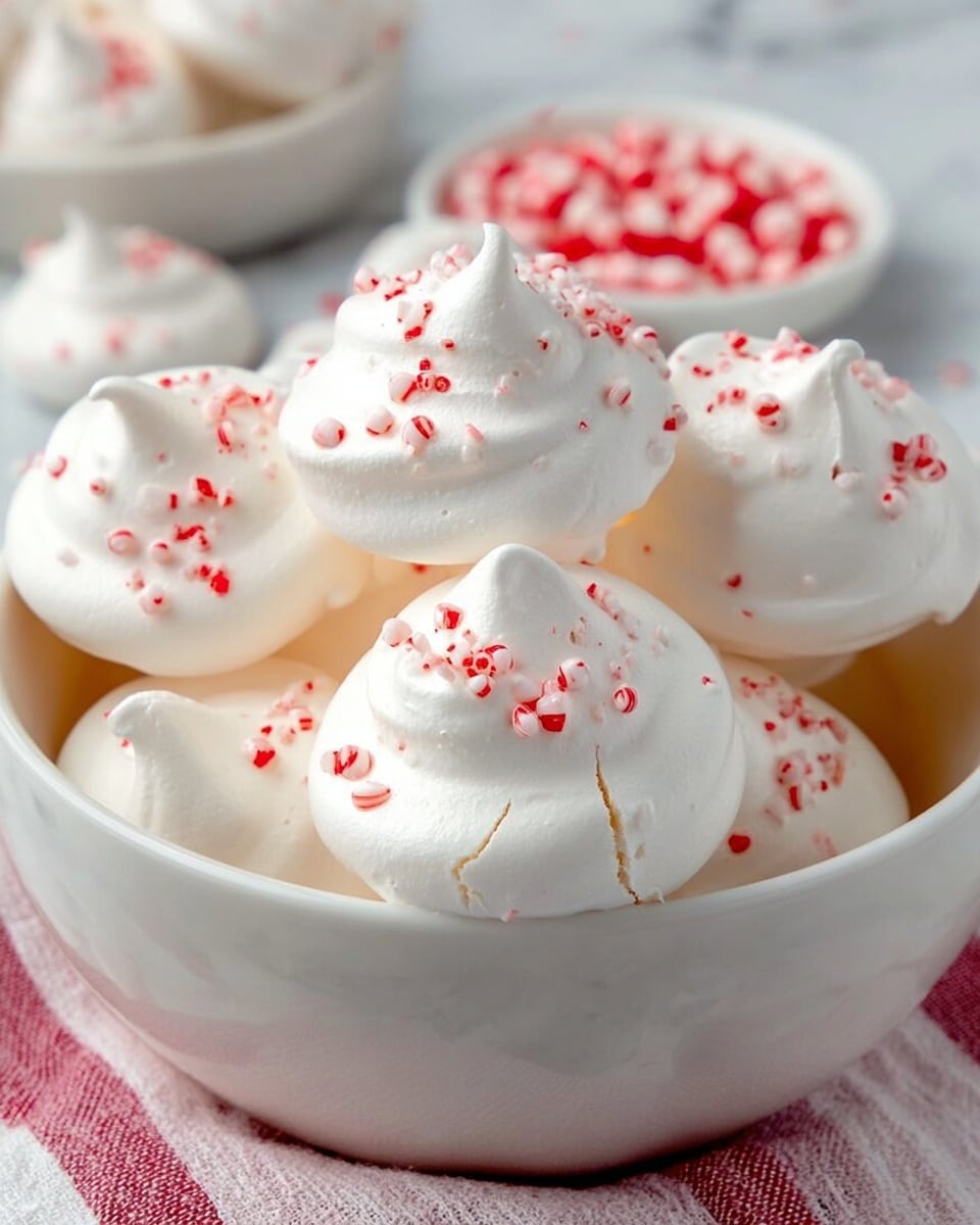A white bowl is full of small, round meringue cookies, each white with a light, airy texture and topped with small pieces of red and white crushed candy. The bowl sits on a white marbled surface with some crushed candy scattered around it. In the background, there is a metal scoop filled with crushed red and white candy, and a glass container with a white liquid stands beside it. A red and white cloth is also partly visible in the background. photo taken with an iphone --ar 4:5 --v 7
