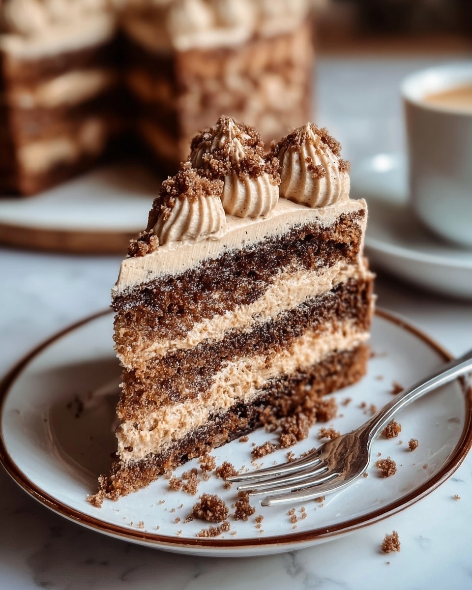 A close-up of a piece of layered brown cake placed on a white plate with a thin brown rim. The cake has three layers of moist, dark brown sponge separated by two layers of light brown creamy frosting. The top is decorated with dollops of the same light brown frosting, sprinkled with powdered sugar and small brown crumbles. Some cake crumbs are scattered around on the plate near a silver fork. In the blurred background, the whole cake and a cup of coffee are visible on a white marbled surface. photo taken with an iphone --ar 4:5 --v 7