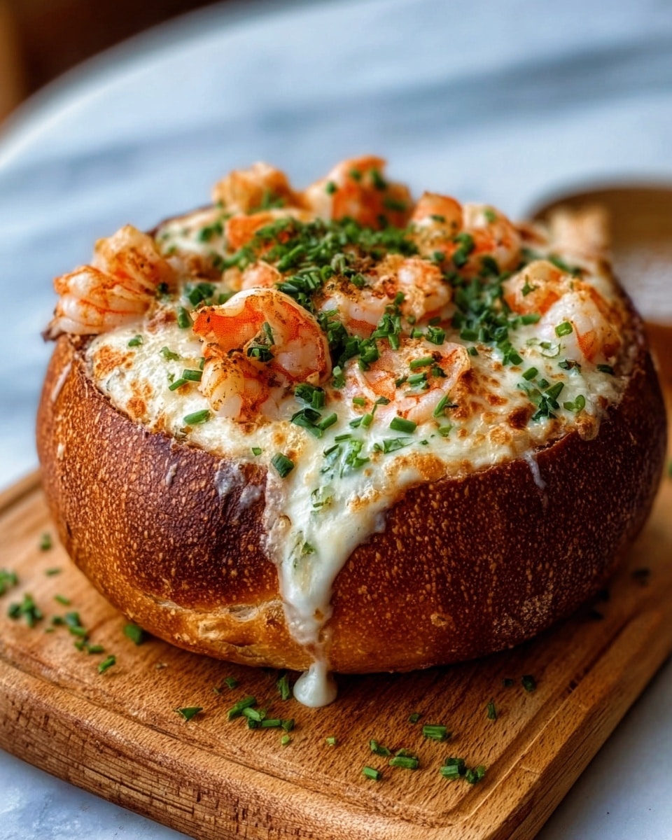 The image shows a bread bowl filled with creamy shrimp chowder. The bread bowl is golden brown and crusty with a smooth, creamy white soup inside. Several pieces of pink shrimp are placed on top, along with green chopped herbs sprinkled evenly. The creamy soup overflows slightly down the sides of the bread bowl, adding a rich and thick texture. The bread bowl sits on a wooden surface with a white marbled texture in the background. photo taken with an iphone --ar 4:5 --v 7