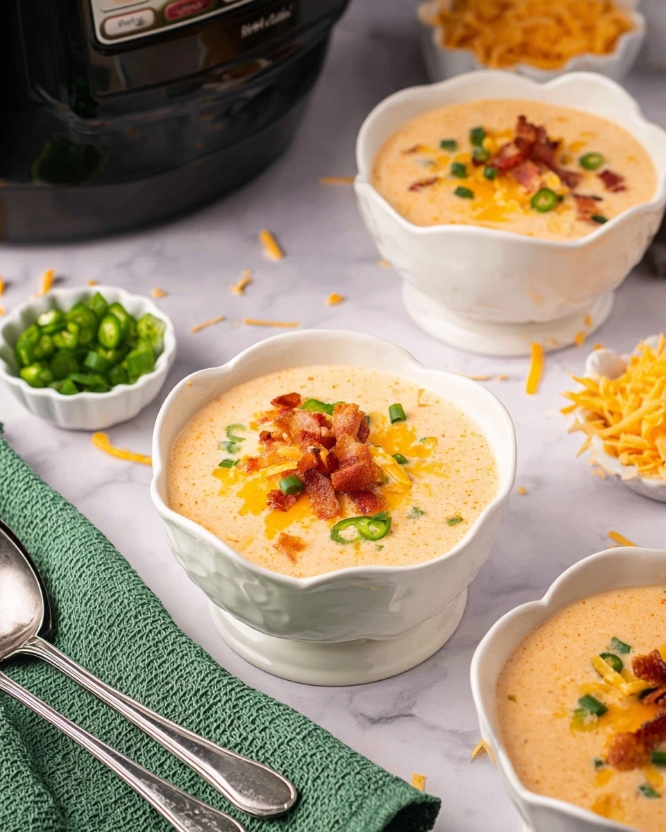 The image shows three white scalloped bowls filled with creamy, light orange soup that has a smooth texture with small pieces of green jalapeño, shredded yellow and white cheese, and crispy bacon bits on top. The bowls are placed on a white marbled surface with some scattered shredded cheese and bacon around. Behind the bowls, there is a small white scalloped bowl with chopped green jalapeños and another with shredded cheese. To the left, part of a black slow cooker with more soup is visible. A green textured cloth with two metal spoons resting on it is positioned in the foreground. Photo taken with an iphone --ar 4:5 --v 7