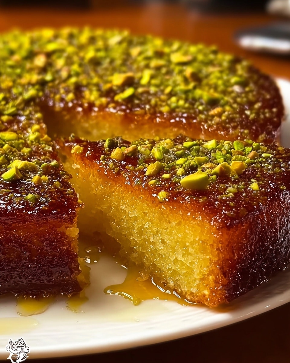 A close-up image of a moist yellow cake with a golden brown crust at the bottom, cut into slices on a white plate. The cake has a shiny amber syrup glaze on top, with crushed green pistachio pieces generously scattered across the surface, adding texture. A piece of the cake is slightly pulled out, showing its soft and crumbly inside. The white marbled surface underneath softly reflects light, and the background is blurred with warm tones. Photo taken with an iphone --ar 4:5 --v 7