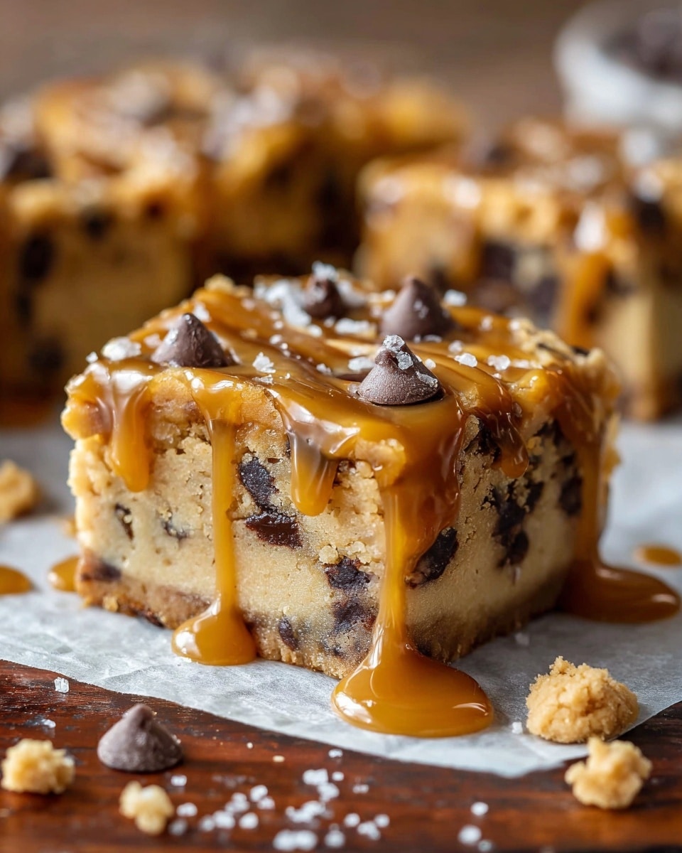 A close-up of a square dessert bar with three visible layers: the bottom and top layers are light brown cookie dough with dark chocolate chips scattered throughout, and the middle layer is caramel with embedded chocolate chips. The top cookie layer is drizzled with golden caramel sauce that cascades down the sides. The dessert sits on a piece of white parchment paper on a wooden surface, with a sprinkling of coarse sea salt and small cookie crumbs around it, all against a blurred background. Photo taken with an iphone --ar 4:5 --v 7
