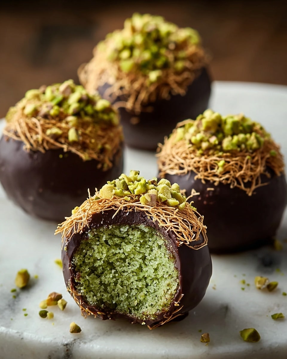 This image shows five round chocolate balls on a white plate with a white marbled texture. Each ball has a smooth, shiny dark chocolate top layer, sprinkled with crushed bright green pistachio pieces. The bottom half of each ball is wrapped in a nest-like layer of thin, golden-brown crispy strands, adding a delicate texture contrast. The balls are closely stacked in a pyramid-like shape, with the focus on the front two balls. The background is softly blurred to keep the attention on the chocolate treats. photo taken with an iphone --ar 4:5 --v 7