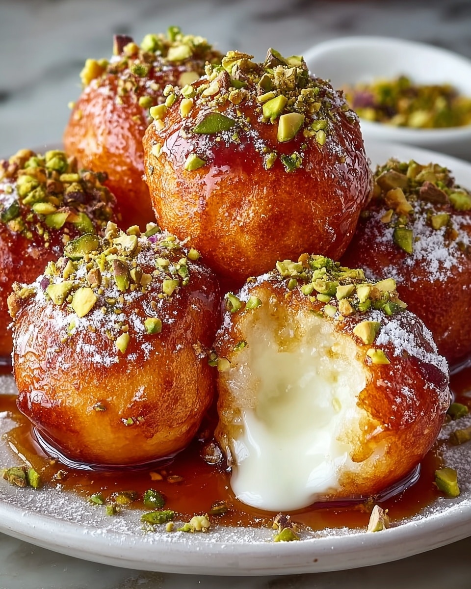 A close-up of a plate with six golden brown fried balls covered with a sticky shiny syrup, topped with chopped green pistachios and a light dusting of powdered sugar; the center ball is cut open to reveal a smooth, creamy white filling inside with syrup dripping down. The plate is white, and the dish is placed on a white marbled texture surface, showing a rich, sweet dessert. photo taken with an iphone --ar 4:5 --v 7