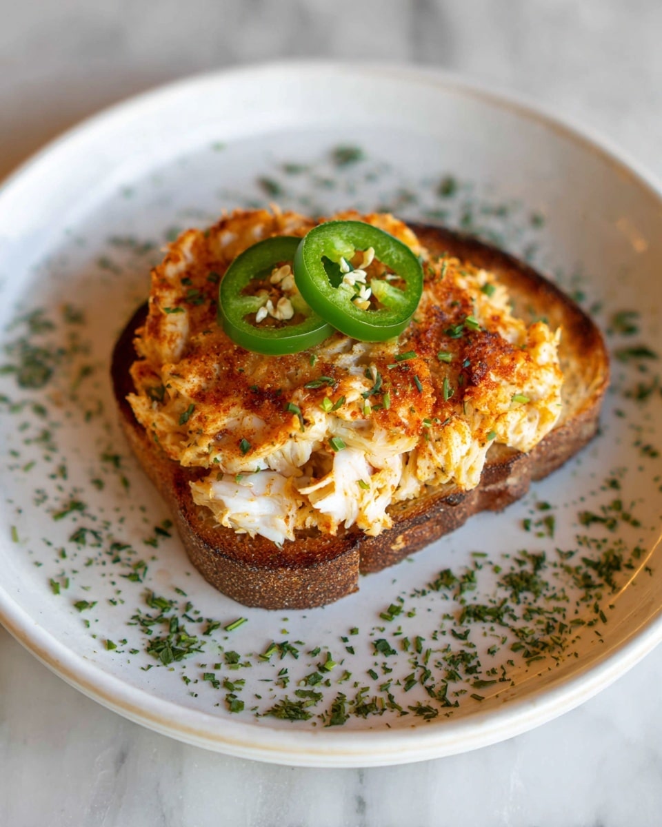 A single piece of toasted bread forms the base, topped with a thick, golden-brown crab cake that has a crispy texture and bits of white crab meat visible. On top, three thin green jalapeño slices are neatly placed in a small stack. The crab cake and bread sit in the center of a large white plate, which is sprinkled with small green herbs around the edges. The dish is photographed from above on a white marbled surface. photo taken with an iphone --ar 4:5 --v 7