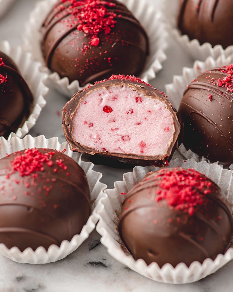 The image shows several chocolate balls resting in white paper cups, placed on a white marbled surface. Each chocolate ball has a smooth, dark brown chocolate coating with some dusted on top with bright red crumbs. One chocolate ball is cut in half, revealing a thick, light pink filling inside with small red specks. The outer shell is shiny and smooth, while the inside looks creamy and soft. Photo taken with an iphone --ar 4:5 --v 7