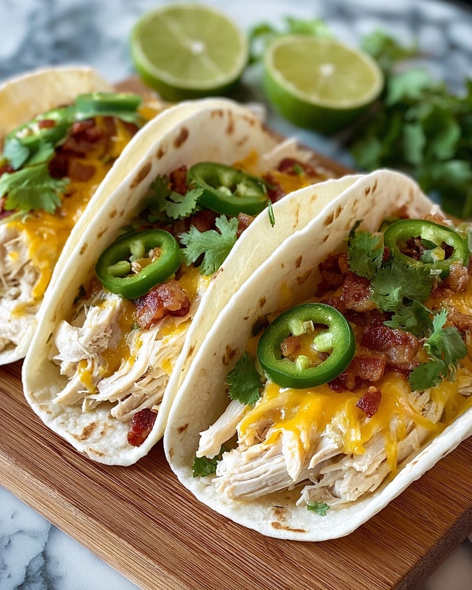 Three soft white tortillas are folded and placed on a white marbled surface with a wooden board underneath. Each tortilla is filled with shredded white chicken as the base layer. On top of the chicken is a layer of melted yellow cheddar cheese, followed by small pieces of crispy brown bacon. The tacos are garnished with bright green cilantro leaves and thin slices of dark green jalapeño peppers. In the background, there are lime wedges adding a fresh touch to the scene. photo taken with an iphone --ar 4:5 --v 7