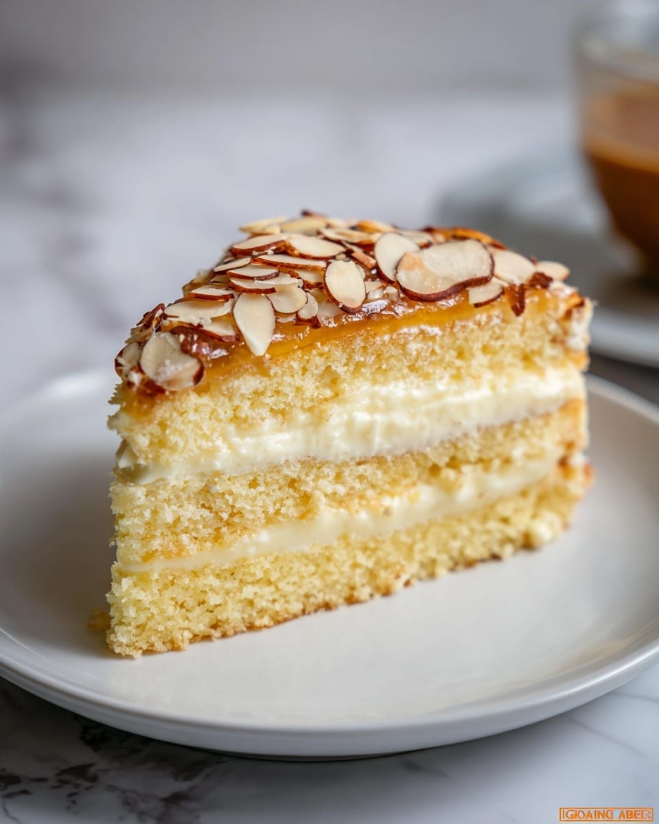 A slice of cake with three layers is shown on a white plate. The bottom and top layers are light yellow sponge cake with a soft and crumbly texture. In the middle, there is a thick layer of creamy white filling that looks smooth and dense. The top of the cake is covered with a shiny, brown glaze and sprinkled with sliced almonds in light and dark brown shades, giving a crunchy texture on top. The scene has a soft, blurred background on a white marbled surface. photo taken with an iphone --ar 4:5 --v 7