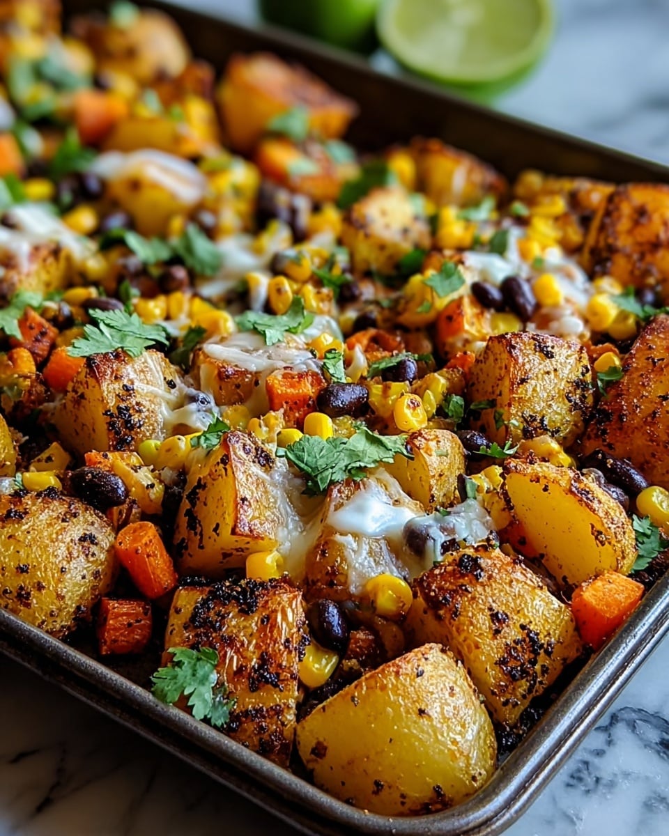 The image shows a close-up of a baking tray filled with roasted potato chunks as the main layer; the potatoes are golden brown with a crispy texture and black seasoning flakes visible on their surfaces. Scattered among the potatoes is a layer of bright yellow corn kernels, orange carrot pieces, and small black beans adding contrast and color. Some parts of the potatoes are covered with melted white cheese, which looks gooey and slightly browned. Fresh green cilantro leaves are sprinkled on top for a fresh touch. The tray sits on a white marbled surface, and in the blurry background, there is a slice of green lime. Photo taken with an iphone --ar 4:5 --v 7