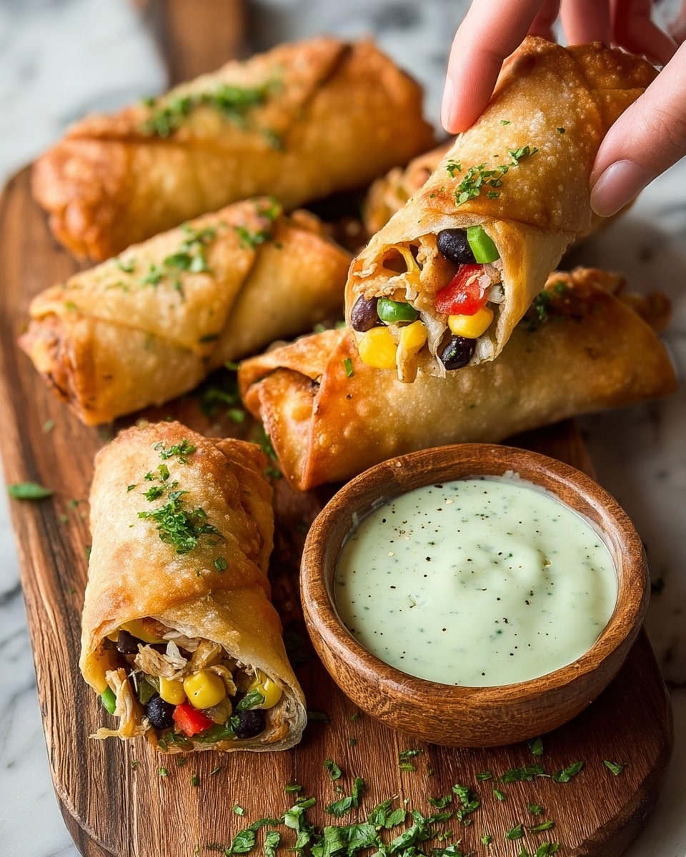The image shows five golden brown, crispy rolled snacks placed on a wooden board with green herb garnish sprinkled on top. Three of these rolls are whole, and two are cut open to reveal colorful fillings inside that include black beans, yellow corn, shredded chicken, red bell peppers, and green herbs, layered evenly and packed inside thin, crunchy wrappers. A small wooden bowl filled with creamy, light green dipping sauce with black specks sits on the board. A woman's hand is holding one of the cut rolls, showing the inside clearly. The setting is on a white marbled textured surface. photo taken with an iphone --ar 4:5 --v 7