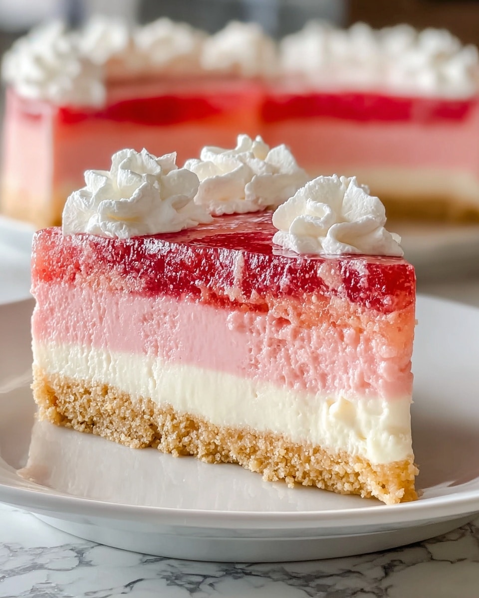 A slice of dessert with four clear layers sits on a white plate against a white marbled surface. The bottom layer is a thick, crumbly golden brown crust. Above that is a thick, smooth cream-colored layer. On top of this is a thick pink layer that blends slightly into the cream layer below and ends with a bright red jelly-like layer with a textured surface. The dessert is topped with soft white whipped cream dolloped along the top edges. In the background, another slice is visible with matching layers. Photo taken with an iphone --ar 4:5 --v 7