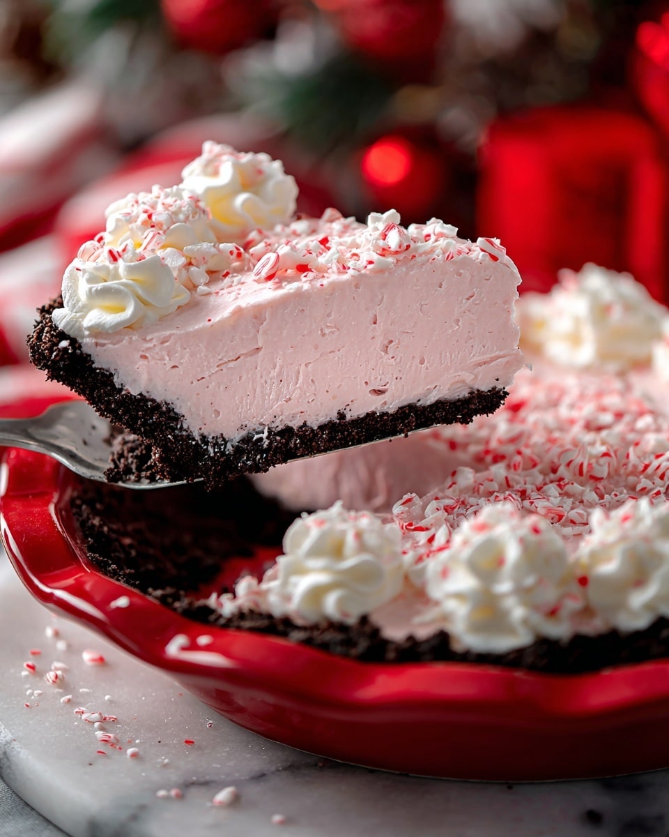 A slice of peppermint pink creamy pie with a dark chocolate crumb crust is being lifted from a red pie dish. The pie has two main layers: a smooth, light pink creamy filling on top resting on a dark, crumbly chocolate base. The top is decorated with small white whipped cream dollops around the edge, each sprinkled with crushed red and white peppermint candy pieces, which are also scattered across the pink filling. The pie dish sits on a white marbled surface with red holiday decor softly blurred in the background. Photo taken with an iphone --ar 4:5 --v 7