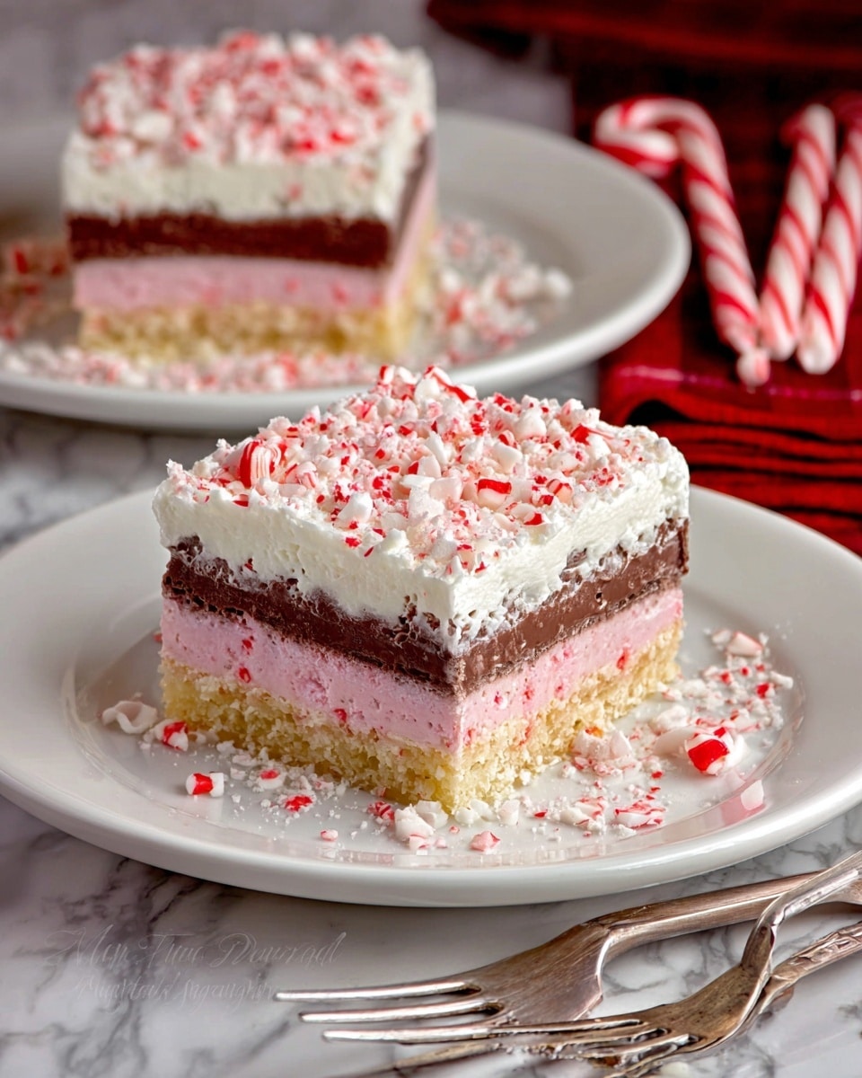 The image shows a square slice of layered dessert on a white plate set on a white marbled surface. The dessert has four visible layers: a bottom crumbly light tan crust, a thick light pink creamy layer with small red specks, a dense dark brown chocolate layer, and a thick fluffy white whipped topping. The top is decorated with crushed red and white peppermint candy pieces, adding a crunchy texture and bright red contrast on the white topping. The background includes another white plate with a similar dessert slice and several candy canes lying on the surface. Photo taken with an iphone --ar 4:5 --v 7