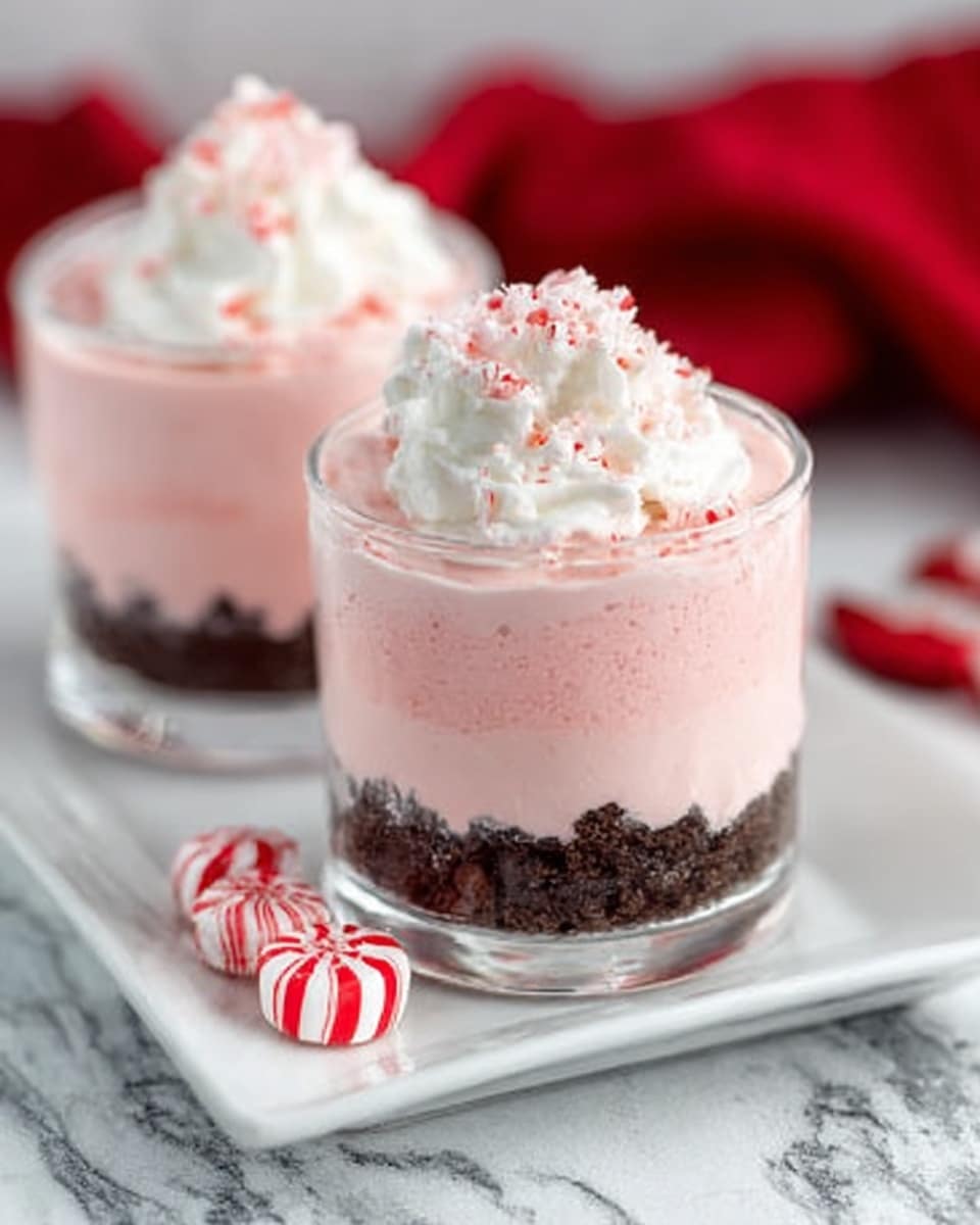 The image shows a dessert in a clear glass cup with three visible layers: a dark brown crumbly base at the bottom, a thick pale pink creamy middle, and a softer, swirled pink whipped cream top layer. On top, there are two small chocolate-covered treats and a red and white striped candy cane leaning to one side. The background and surface are white marble, and a woman's hand is reaching towards a similar setup in the background. The presentation is clean and simple with soft colors. photo taken with an iphone --ar 4:5 --v 7