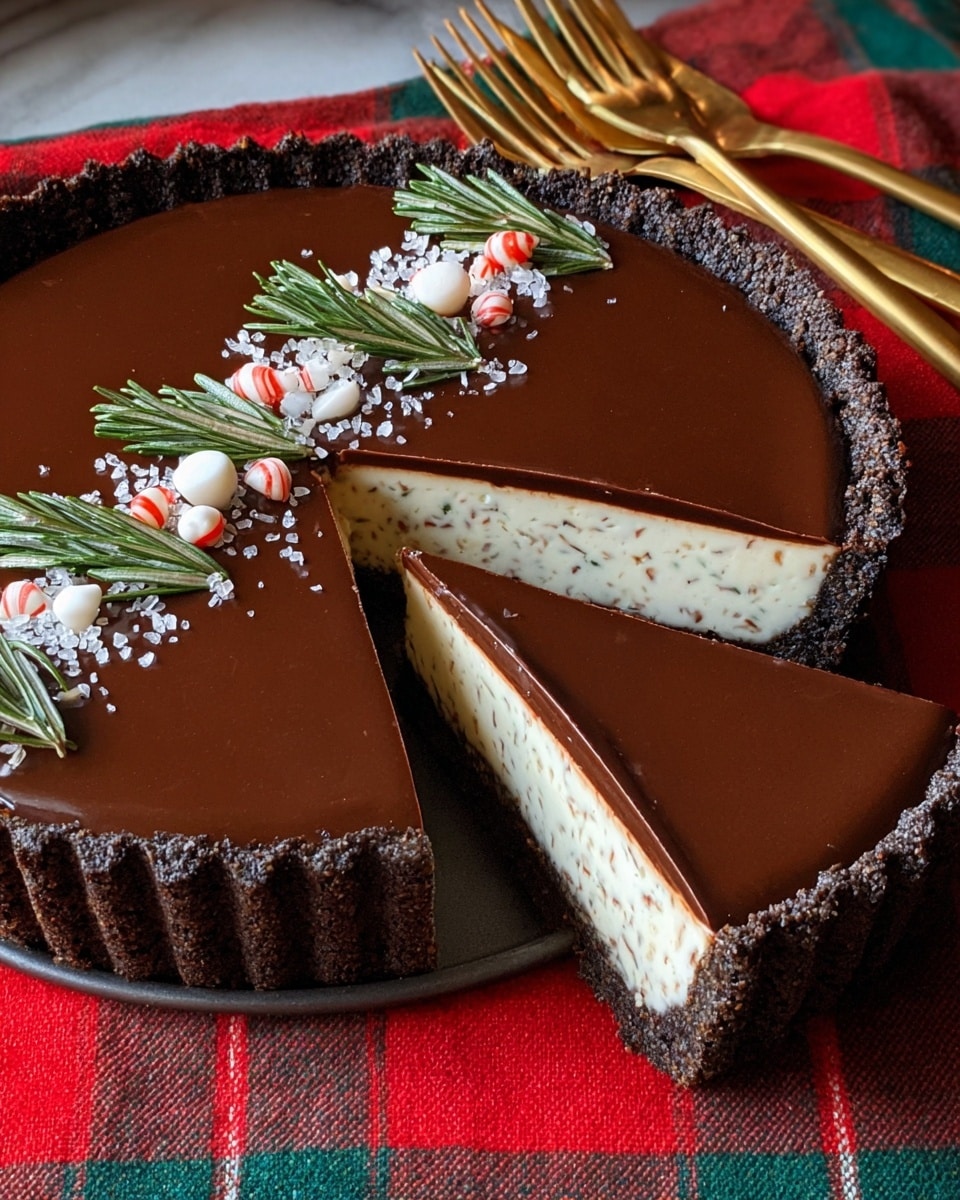 A slice of pie with three clear layers: the bottom crust is dark brown and crumbly with a rough texture, the middle layer is thick, creamy, and white with small chocolate specks, and the top layer is smooth and glossy dark brown chocolate. The slice is on a white plate decorated with green holly leaves and red berries, placed on a white marbled surface. The full pie with one slice removed is visible in the background. photo taken with an iphone --ar 4:5 --v 7