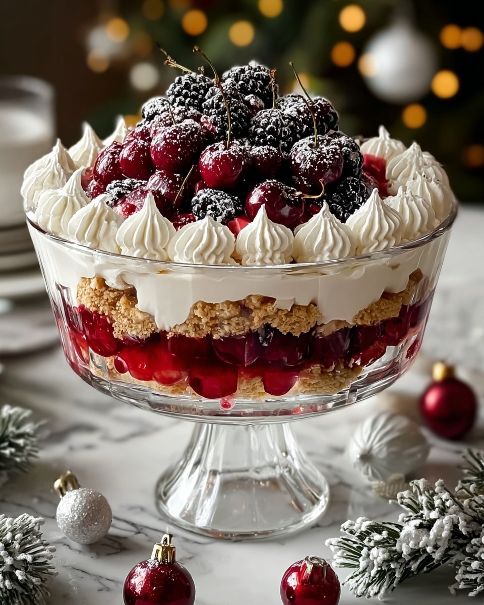 A clear glass dessert bowl on a pedestal holds a layered trifle set against a white marbled texture. The bottom layer is light tan crumbled cake or biscuit base with a crumbly texture. On top of that is a thick, smooth white cream layer. Above the cream is a glossy, deep red berry jelly or sauce with visible whole berries inside, creating a shiny and slightly translucent look. The top layer features dollops of white whipped cream arranged evenly along the edge, with a large mound of fresh dark blackberries and bright red cherries dusted lightly with powdered sugar in the center. The image gives a cozy, festive feeling with soft warm yellow lights softly blurred in the background. Photo taken with an iphone --ar 4:5 --v 7