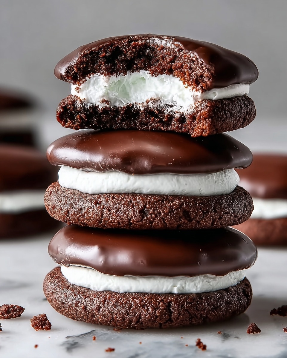 A close-up of a stack of three chocolate cookies on a white marbled surface, each cookie having three layers: a dark brown crumbly base layer, a thick middle layer of smooth white cream, and a shiny dark brown chocolate coating on top. The top cookie reveals a bite taken out, showing the fluffy white cream inside clearly. The cookies look soft with a slightly rough texture on the base and a glossy finish on the chocolate layer. Small crumbs are scattered around the stack, adding detail to the scene. photo taken with an iphone --ar 4:5 --v 7