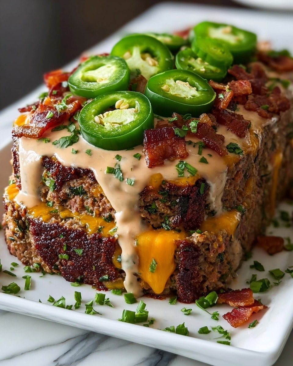 A three-layered meatloaf sits on a white rectangular plate, each layer made of finely chopped and cooked ground beef mixed with herbs, showing a slight charred texture on the edges. The top is covered with a thick, melted orange cheddar cheese that drips slightly down the sides. Over the cheese, a smooth, light beige creamy sauce is spread unevenly. Small bacon pieces are sprinkled across the top, adding a crispy texture, and fresh chopped green herbs are scattered around the dish for color. Sliced bright green jalapeño peppers with visible seeds rest on the very top layer, adding a fresh, spicy look. The plate is placed on a white marbled surface. photo taken with an iphone --ar 4:5 --v 7