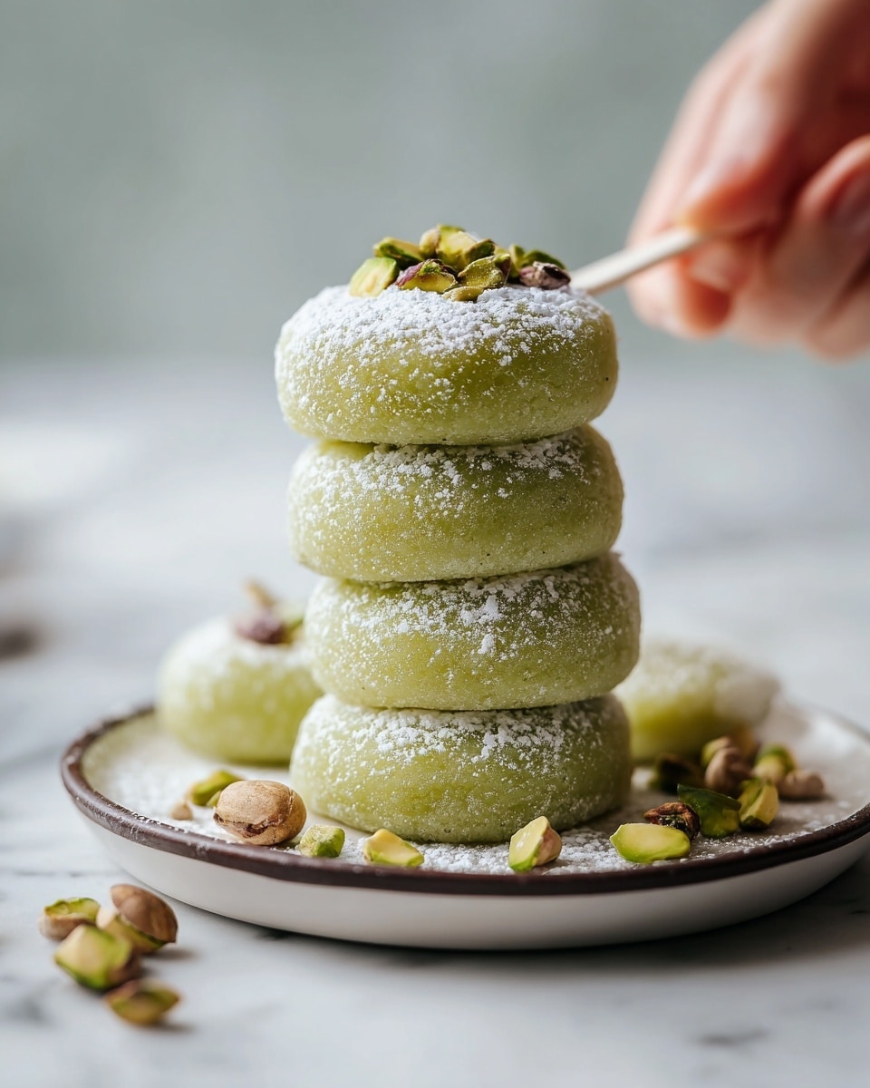 The image shows a stack of five round green mochi pieces arranged on a white plate with a dark edge, placed on a white marbled surface. Each mochi is smooth and shiny with a light green color and is dusted with white powdered sugar on top. Scattered around the mochi are some whole pistachios and crushed pistachio bits adding green and brown textures. A woman's hand holding a white stick or skewer is visible at the bottom left, lifting one of the mochi. The overall look is fresh and inviting with soft lighting. photo taken with an iphone --ar 4:5 --v 7