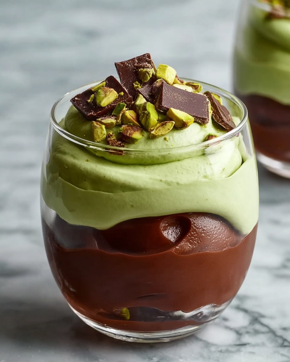 A dessert served in a clear glass with two visible layers: the bottom layer is thick, dark brown chocolate pudding filling most of the glass, with some of it spread irregularly on the inside surface of the glass. The top layer is a smooth, light green cream that looks fluffy and sits raised above the chocolate. On top of the green cream, there are pieces of chopped dark chocolate and rough, green pistachio nuts scattered as garnish. The background and surface have a white marbled texture. photo taken with an iphone --ar 4:5 --v 7