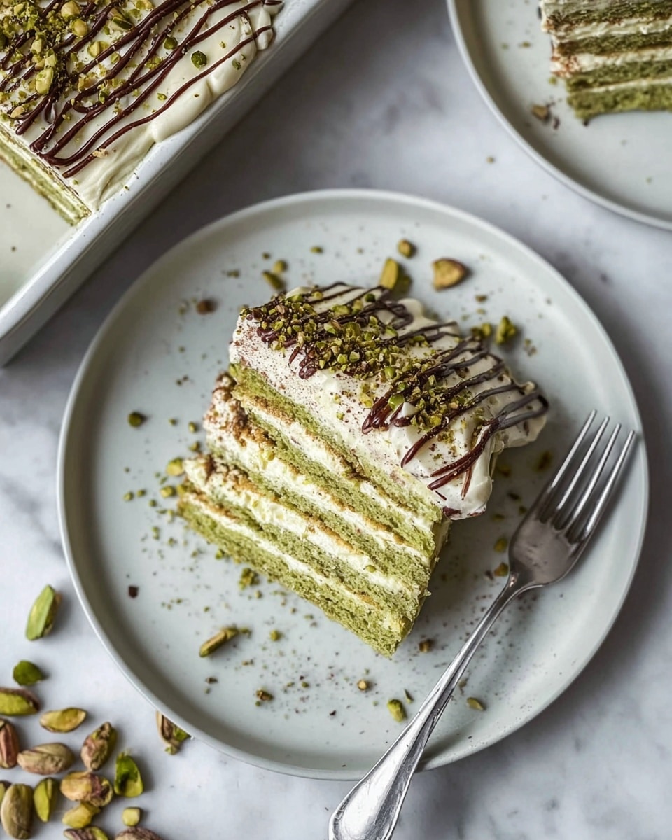 A square slice of layered dessert sits on a white plate on a white marbled surface. The dessert has three visible layers: the bottom and middle layers are green and sponge-like, while the two white cream layers in between and on top are smooth with piped ridges. The top cream layer is dusted with cocoa powder in stripes and scattered with whole and crushed green pistachio nuts. A silver fork is placed on the right edge of the plate with some crushed pistachios around it. In the upper right corner, a portion of the same dessert in a rectangular pan is visible, showing a textured white cream layer with more cocoa powder and pistachios on top. Photo taken with an iphone --ar 4:5 --v 7