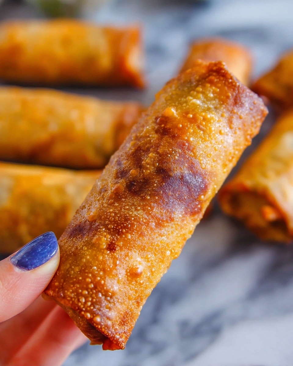 A close-up image shows a golden brown, crispy spring roll held by a woman's hand with blue polished nails. The spring roll has a textured, bubbly, and crunchy surface with darker patches from frying, appearing cylindrical and tightly wrapped. In the background, more spring rolls lie on a white marbled surface, slightly blurred, emphasizing the one being held. photo taken with an iphone --ar 4:5 --v 7