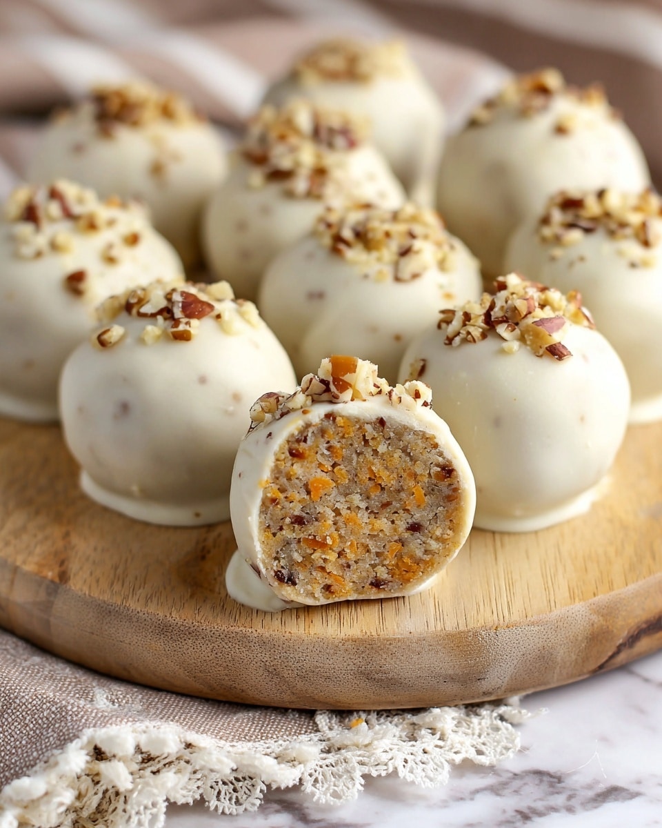 The image shows a group of round dessert balls covered in smooth, off-white coating topped with small chopped brown nuts, placed closely together on a light wooden board. One ball is cut in half, revealing an inner layer that is dense and textured, with colors of light brown, orange specks, and darker brown bits inside. The nuts are uneven in size and scattered mainly on the top center of each ball, and the wooden board rests on a beige and white striped cloth with a lace edge, all set on a white marbled surface. photo taken with an iphone --ar 4:5 --v 7