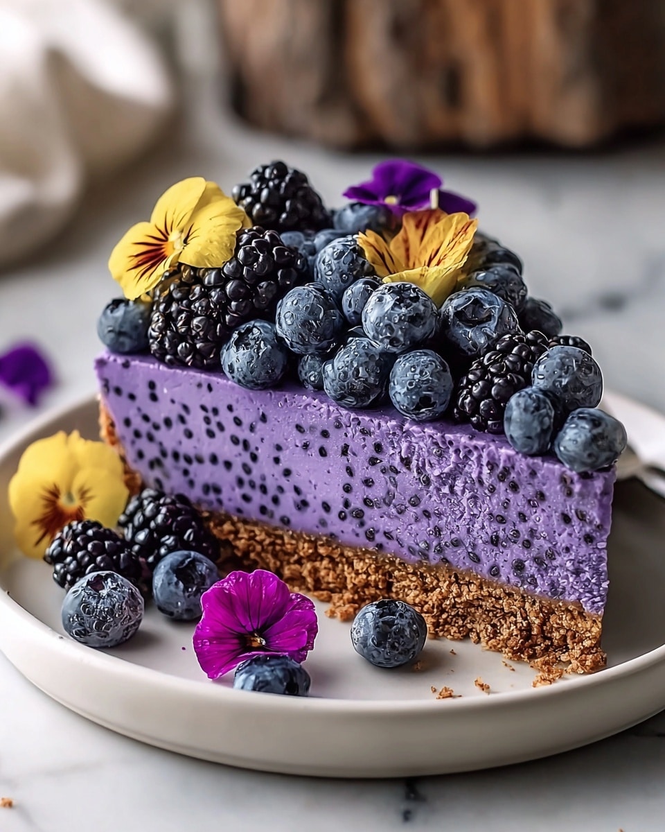 A slice of purple chia pudding cheesecake sits on a white plate with a crumbly brown crust as the bottom layer. The middle layer is a smooth, creamy purple chia pudding with small dark chia seeds evenly spread throughout. On top of the pudding, there is a heap of fresh plump blueberries and blackberries. Around the plate and on the cheesecake, there are bright yellow and purple edible flowers adding vibrant color. The setting is on a white marbled surface with a blurred background and a piece of rustic wood visible. photo taken with an iphone --ar 4:5 --v 7